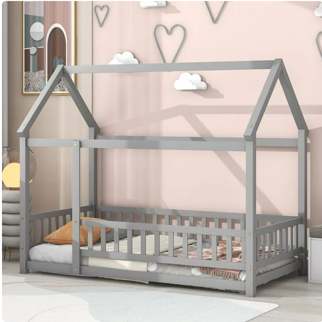 Twin Size Floor Bed, House Floor Wood Bed with Roof Frame for Kids Toddlers Teens, Montessori Bed Frame with Fence-Shaped Guardrail, Floor Bed Frame without Slat Support, Can be Decorated, Gray