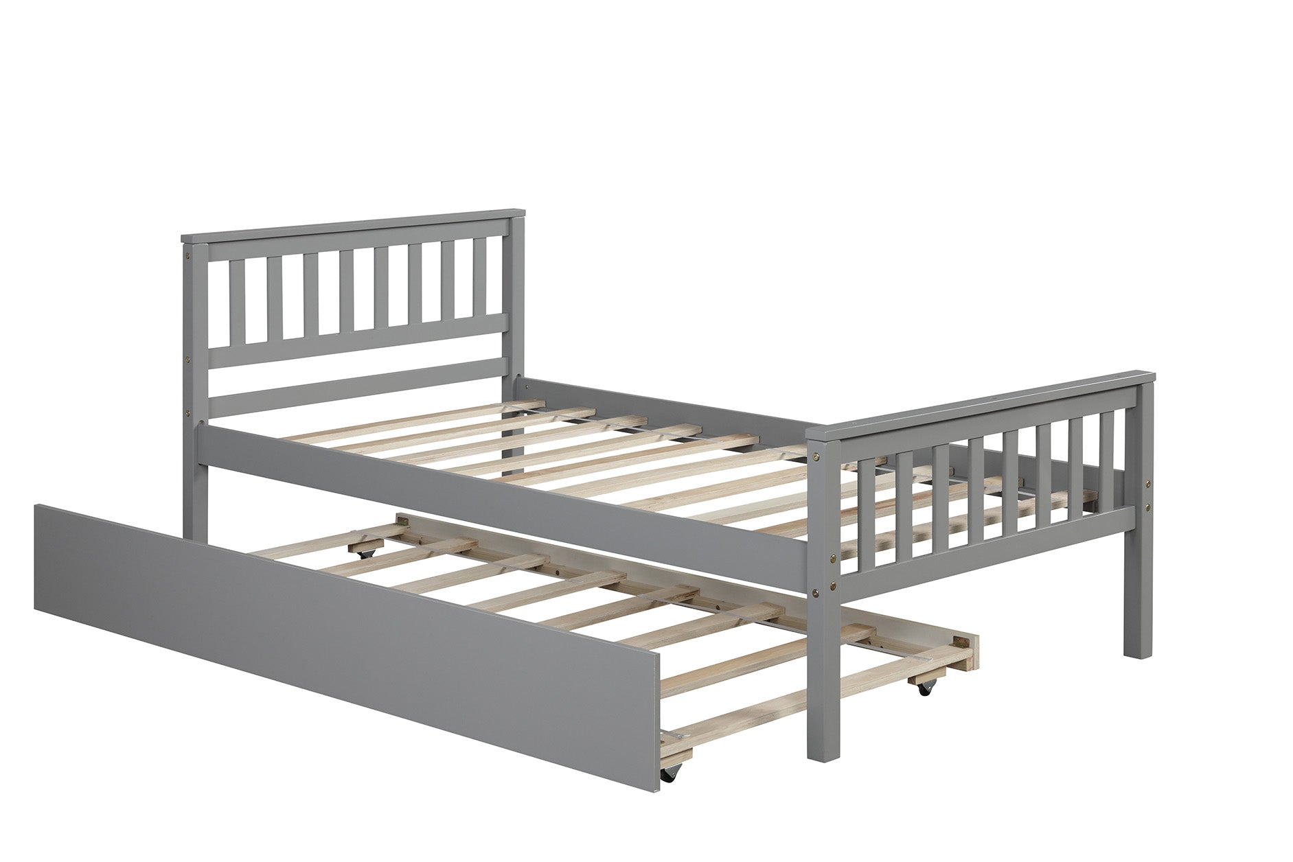 Wood Twin Bed Frame with Trundle for Kids, Teens and Adult, Platform Bed Frame with Wood Slat Support, Headboard and Footboard for Bedroom Small Living Space, No Box Spring Needed, Grey