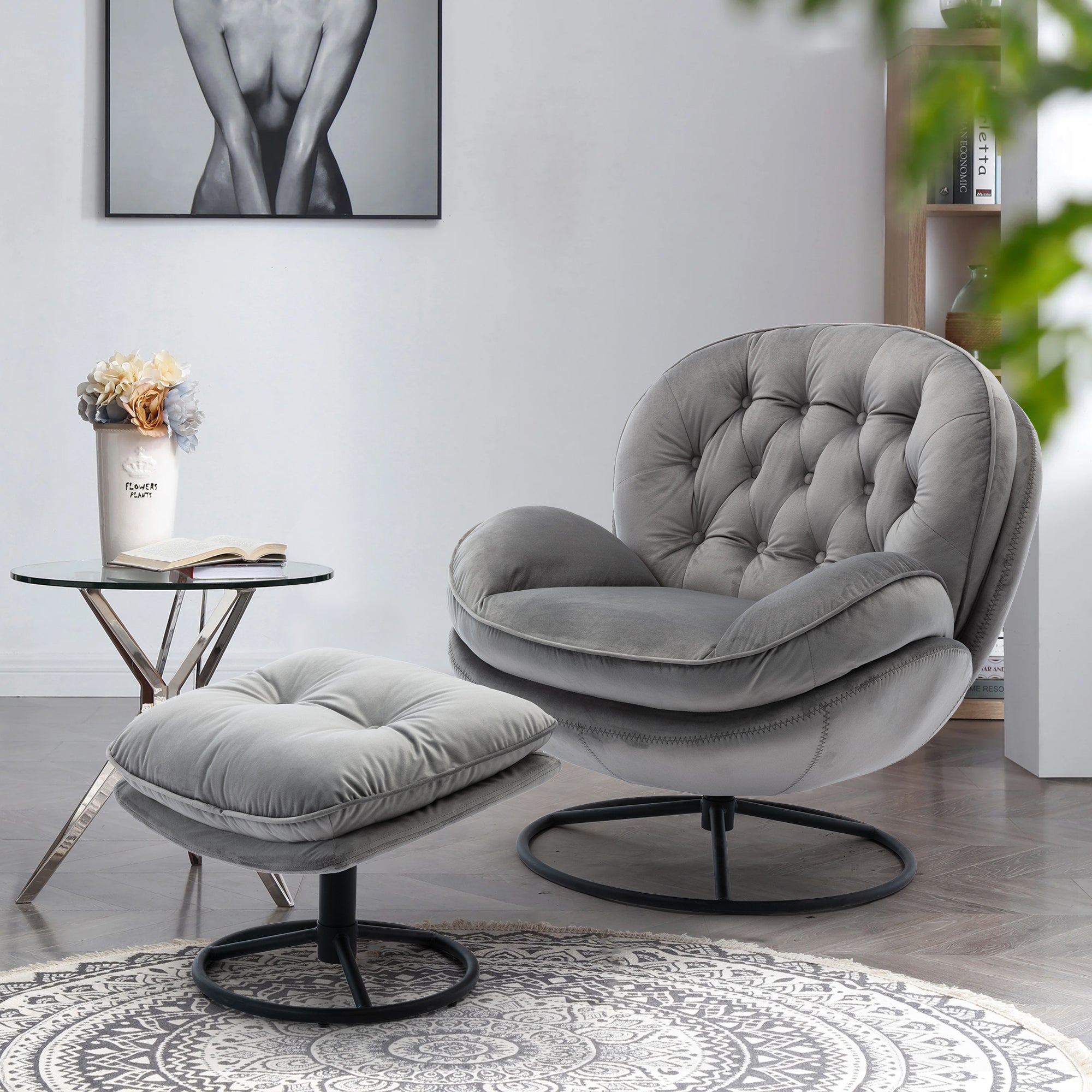 Velvet Swivel Accent Chair with Ottoman,Modern Chaise Lounge with Footstool,Comfy Armchair TV Chairs with Metal Frame and Legs for Living Room,Bedroom,Office,Grey