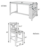 5 Pieces Dining Table Set, Rustic Farmhouse Counter Height Dining Room Table Set with Storage, Wooden Bar Table Set with Storage Shelves and 4 Padded Chairs for Restaurant, Apartment, White