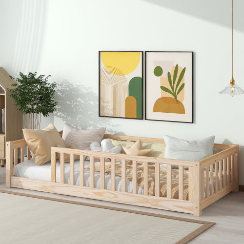 Twin Floor Bed for Kids, Wooden Montessori Bed Frame with Fence Guardrails and Support Slats, Low Platform Bed for Toddlers Girls Boys, No Box Spring Needed, Natural