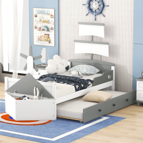 Twin Size Boat-Shaped Platform Bed,Wooden Twin Bed Frame with Twin Size Trundle and Storage Case,Pirate Ship Bed with Safety Rail,Playhouse Bed for Kids,Boys Girls,Gray