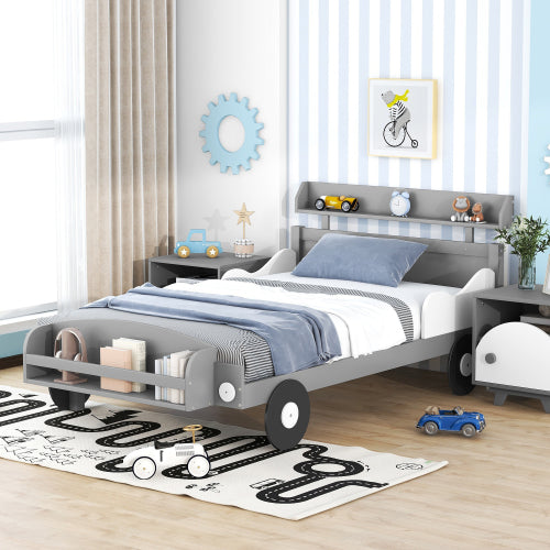 Twin Size Car-Shaped Platform Bed,Wood Platform Bed Frame with 2 Storage Shelf,Storage Platform Bed with Headboard and Footboard for Kids Teens,Space Saving Design,No Box Spring Needed,Gray