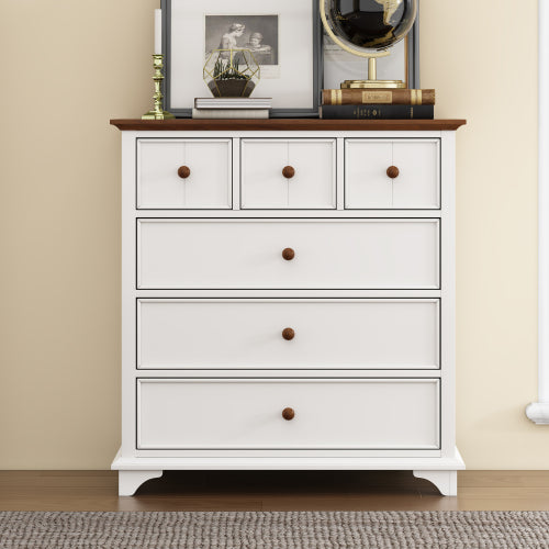 Wooden Captain 6 Drawer Dresser,Modern Wood Dresser Chest Organizers for Bedroom Living Room Kids' Room,White+Walnut