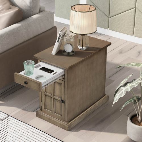 Classic Vintage End Table with USB Ports,Side Table with Multifunctional Drawer with Cup Holders,Night Stand for Living Room Bedroom,Antique Brown
