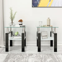 2-Tier Tempered Glass End Table Set of 2, Modern Sofa Side Table with Open Storage Shelf, Steel Pipe and Metal Legs, Square Tea Table, Glass Nightstand for Living Room Bedroom Office, Black+Transparen