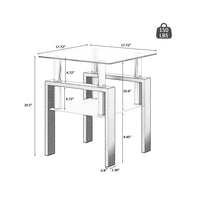 2-Tier Tempered Glass End Table Set of 2, Modern Sofa Side Table with Open Storage Shelf, Steel Pipe and Metal Legs, Square Tea Table, Glass Nightstand for Living Room Bedroom Office, Black+Transparen