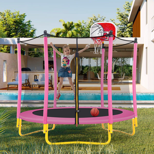 5.5FT Mini Round Trampoline for Kids, Indoor Outdoor Trampoline with Enclosure Net, Basketball Hoop and Ball, Toddler Small Trampoline Gifts for Boy and Girls, 220 lbs Weight Capacity, Pink