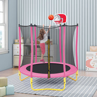 5.5FT Mini Round Trampoline for Kids, Indoor Outdoor Trampoline with Enclosure Net, Basketball Hoop and Ball, Toddler Small Trampoline Gifts for Boy and Girls, 220 lbs Weight Capacity, Pink