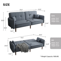 Convertible Futon Sofa Bed with 2 Pillows, Upholstered Fabric Sleeper Couch with Adjustable Backrest and Wood Legs, Living Room Bedroom Leisure Loveseat Sofa, Gray