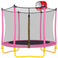 5.5FT Mini Round Trampoline for Kids, Indoor Outdoor Trampoline with Enclosure Net, Basketball Hoop and Ball, Toddler Small Trampoline Gifts for Boy and Girls, 220 lbs Weight Capacity, Pink