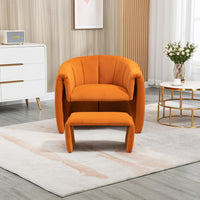 Modern Velvet Accent Chair with Ottoman, Upholstered Armchair with Wooden Frame, Single Leisure Barrel Chair for Living Room, Bedroom, Dorm, Orange