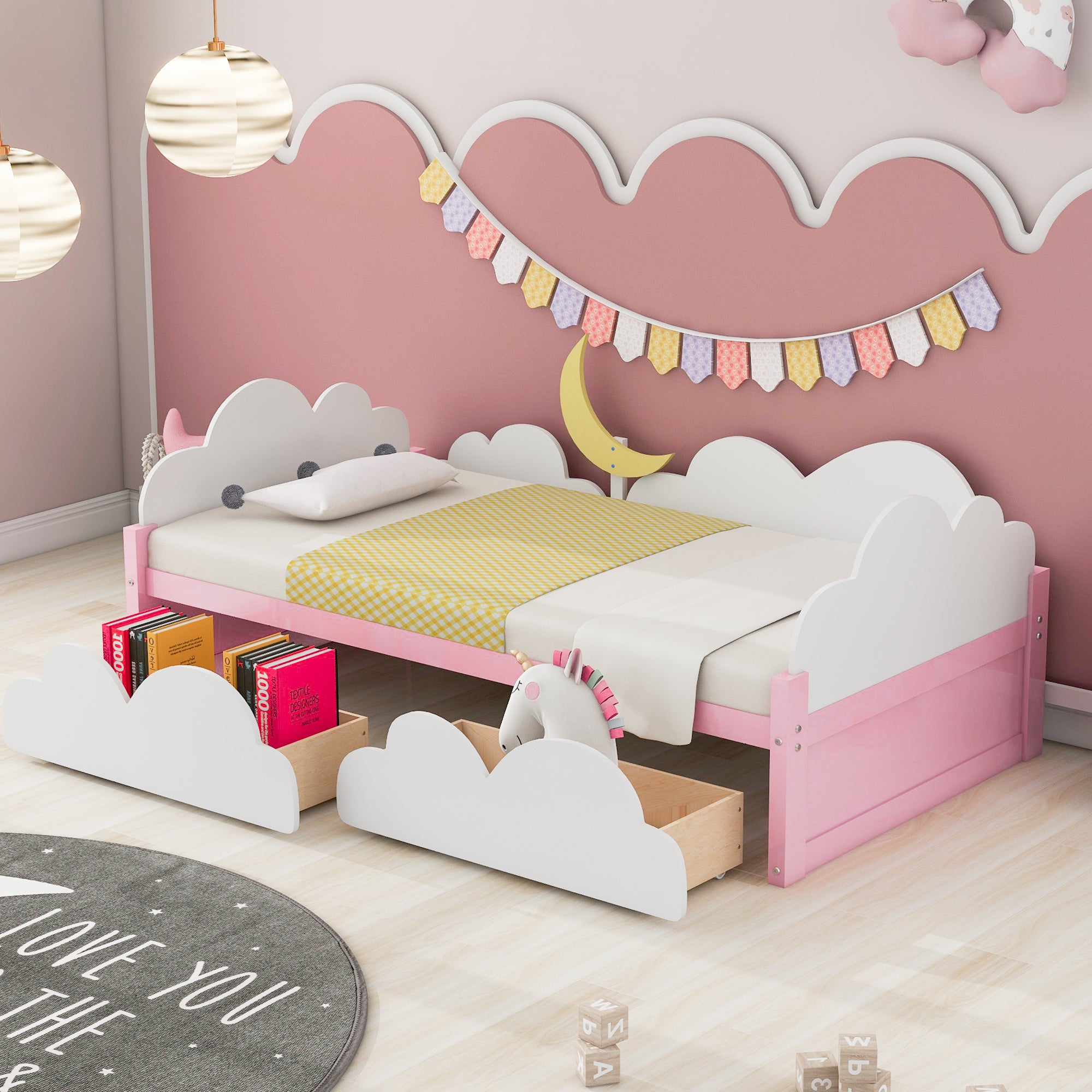 Twin Size Bed Frame with Clouds and Moon Decor, Platform Bed with 2 Drawers, Wooden Twin Bed Frame with Slat Support for Kids, No Box Spring Needed, Easy Assembly