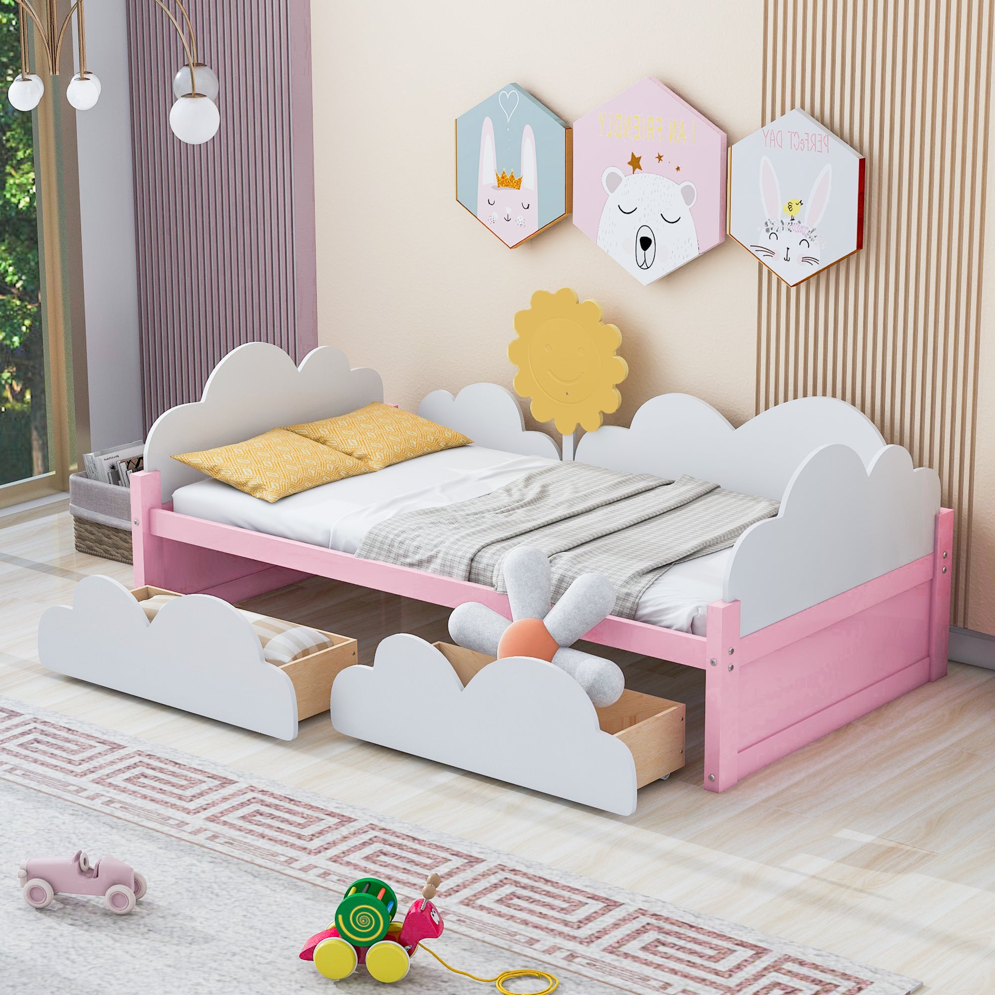 Twin Size Bed Frame with Clouds and Crescent Sun Decor, Platform Bed with 2 Drawers, Wooden Twin Bed Frame with Slat Support for Kids, No Box Spring Needed, Easy Assembly