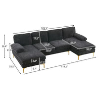 U Shaped Indoor Modular Sofa, 4-Seat Chenille Fabric Upholstered Sectional Sofa with Double Chaise Lounge and Gold-Plated Feet, Modern Leisure Couch Sofa for Living Room Apartment, Black