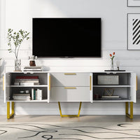 TV Stand for TVs up to 75", Media Entertainment Center with Ample Storage Capacity, Metal Legs and Handles, TV Console with Drawers and Cabinets for Living Room, White