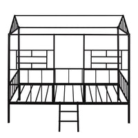 Twin Size House Bed, Metal House Bed Frame with Slatted Support, Low Loft Bed for Kids with Ladder and Full-Length Guardrail, Playhouse Bed with Roof, Window and Door Design for Boys and Girls, Black