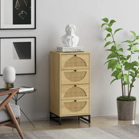 Natural Rattan Narrow Cabinet with 4 Drawers, Farmhouse Wooden Storage Cabinet with Semicircle Design and Metal Legs, Freestanding Storage Cabinet for Living Room, Bedroom and Study, Natural
