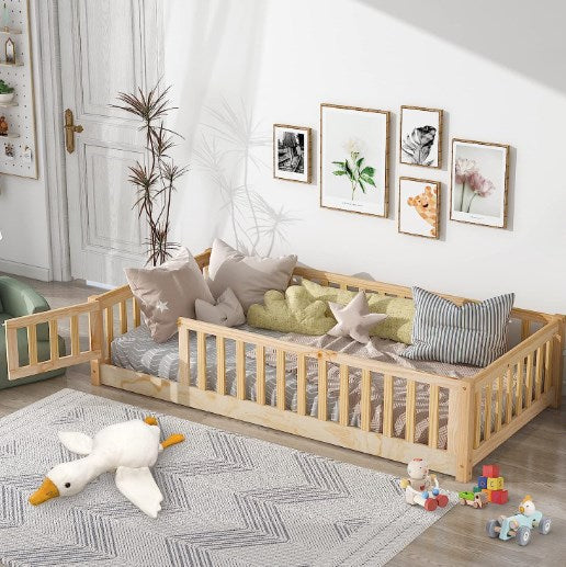 Twin Floor Bed Frame for Toddler, Montessori Floor Bed with Fence and Wood Slats, Low Wood Platform Beds for Girls Boys Kids Happy Time,Natural