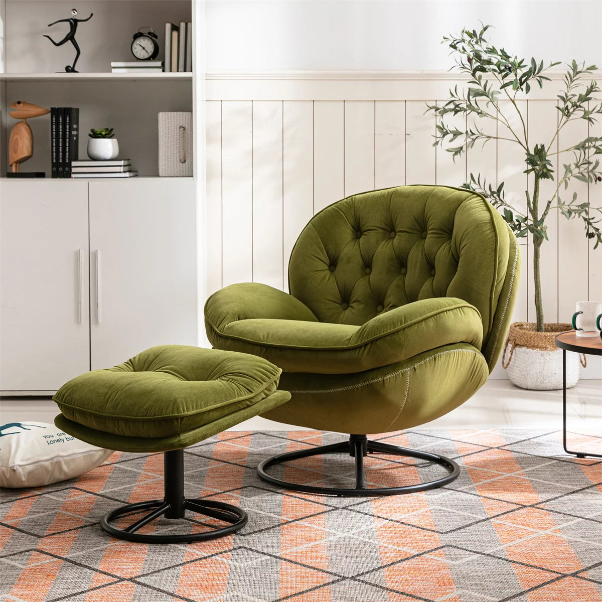 Velvet Swivel Accent Chair with Ottoman,Modern Chaise Lounge with Footstool,Comfy Armchair TV Chairs with Metal Frame and Legs for Living Room,Bedroom,Office,Green