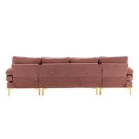 Convertible Sectional Sofa with Double Chaise Lounge, 110.63" U-Shaped Accent Sofa with 2 Arm Pillows and Golden Metal Legs, Modern Fabric Upholstered Sectional Sofa for Apartment Office, Pink