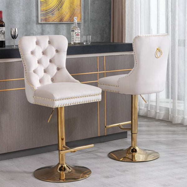 2Pcs Swivel Thick Velvet Upholstered Bar Stools, Adjusatble Seat Height Barstools with Golden Legs, Comfortable Tufted Back, for Home Pub and Kitchen Island, 27-35 Inch, Beige