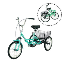 24 Inch Adult Folding Tricycle Adult Tricycles, 3 Wheel Bike Cruiser Trike with Shopping Basket, Three-Wheeled Bicycles Cruise Trike with Basket for Seniors, Women, Men for Recreation Shopping,Cyan