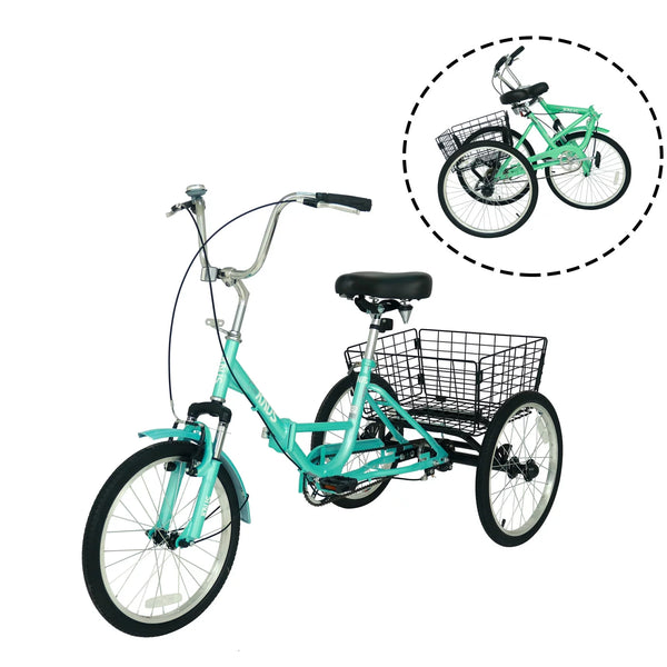 24 Inch Adult Folding Tricycle Adult Tricycles, 3 Wheel Bike Cruiser Trike with Shopping Basket, Three-Wheeled Bicycles Cruise Trike with Basket for Seniors, Women, Men for Recreation Shopping,Cyan