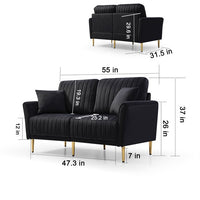 2 Seat Sofa, Upholstered Round Arm Loveseat with 2 Throw Pillows & Gold Metal Legs, Velvet Sofa Couch Futon Sofa Accent Arm Sofa with Reversible Back for Living Room, 2 Seat Sofa Furniture, Black