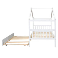 Twin Size House Bed Frame, Wood Platform Bed with Twin Size Trundle, Decorative Canopy Bed Top, Sturdy Frame Wood Legs Supprot, No Box Spring Needed, White