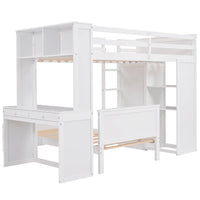 Twin Size Loft Bed with a Stand-alone Bed,Wood Loft Bed Frame with Shelves,Desk,and Wardrobe,Twin Over Twin Bunk Bed for Kids Teens Adults,White