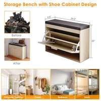 2 Tier Shoe Bench, Rattan Shoe Rack with Padded Seat, Shoe Cabinet with Flip-Drawer, Shoe Storage Bench Organizer for Entryway Hallway Living Room