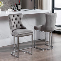 26" Bar Stools Set of 2, Counter Height Barstools with Chrome Metal Base,Velvet Upholstered Barstools with Button Back & Rivet Trim, Kitchen Island Armless Chairs for Dining Room, Home,Gray