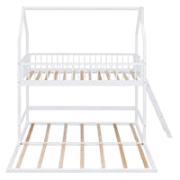 Twin Size Bunk Bed Frame for 3 Children, Extending Wooden Triple Bunk Beds, House Bed with 11.4inch Guardrail and Inclined Ladder for Boys Girls Teens, White