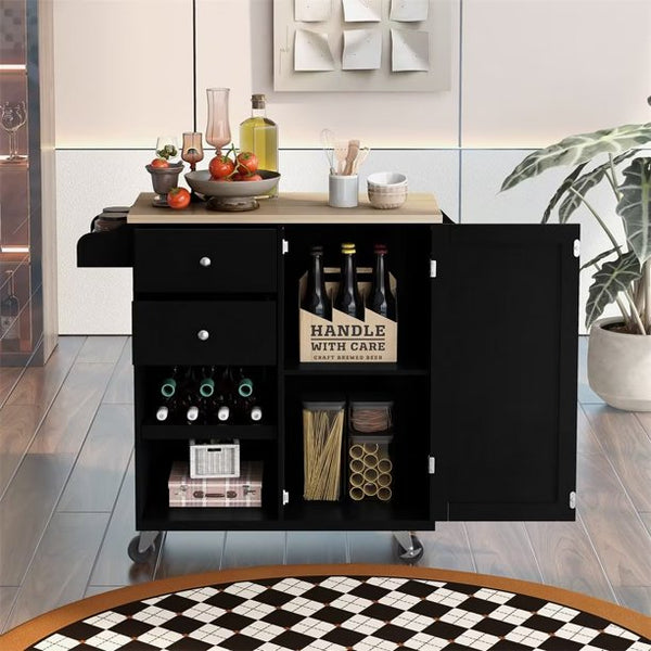 Rolling Kitchen Island Cart, Wooden Kitchen Island on 4 Wheels with Spice Rack, Towel Rack and 2 Drawers, for Dining Room Kitchen, 41.34 x 15.75 x 37 inch, Black