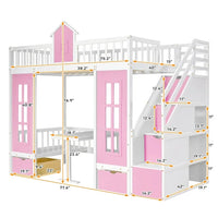 Twin over Twin Bunk Bed, Twin Loft Bed with Changeable Table and 2 Drawers, Wood Castle Shaped Bunk Bed Frame for Kids Girls Boys Teens,Pink