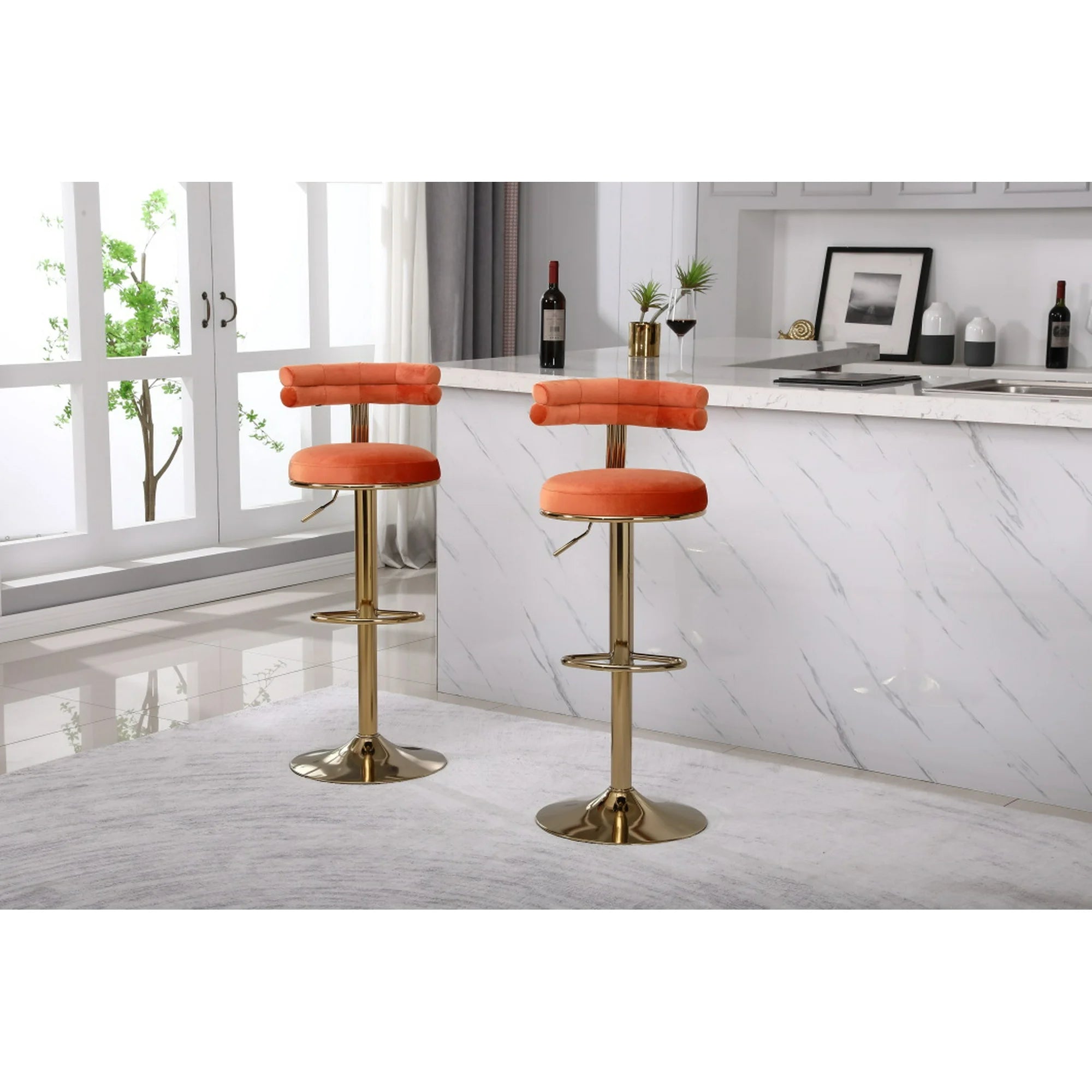 2 PCS Bar Stools with Back and Footrest,Adjustable Retro Style Velvet Counter Swivel Bar stools, Modern Counter Height Dining Upholstered Chairs for Kitchen Island, Cafe, Pub, Orange