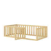 Twin Size Floor Bed, Solid Wood Floor Platform Bed Frame with Fence and Fun Small Door, Multifunctional Daybed with Safety Guardrail, Headboard & Footboard for Boys Girls, Box Spring Needed, Natural