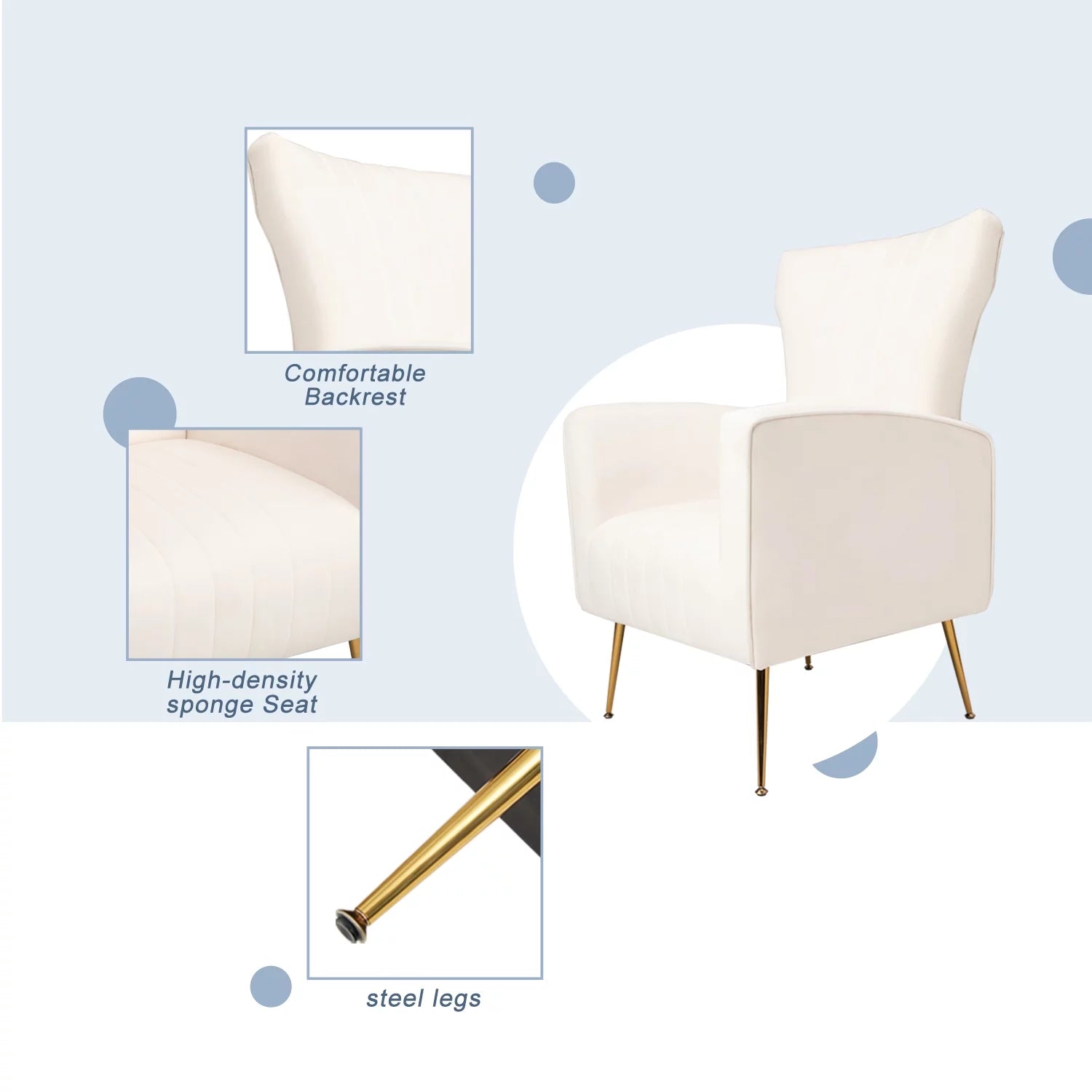 Modern Accent Chair With Golden Metal Legs, High Back Upholstered