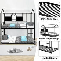 Twin over Twin Metal House Bunk Bed with 2 Ladders for Kids Teens, Floor Bunk Bed with Roof and Window Can Be Decorated, Black