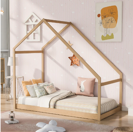 Twin Size House Bed, Wooden Floor Bed Frame with Roof for Toddlers Kids Girls Boys, Can be Decorated, Natural 80.3