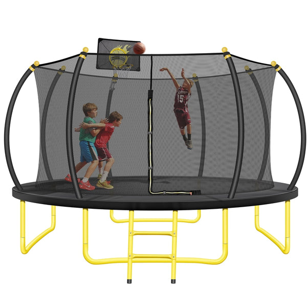 14FT Outdoor Trampoline, Pumpkin Trampolines with No Screws Installation Frame, Curved Poles& Basketball Hoop