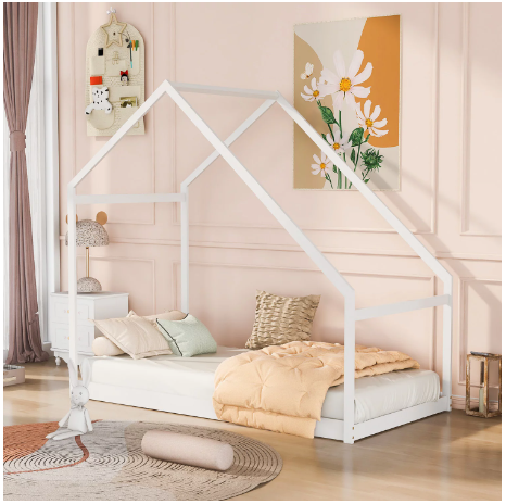 Twin Size House Bed, Wooden Floor Bed Frame with Roof for Toddlers Kids Girls Boys, Can be Decorated, White 80.3