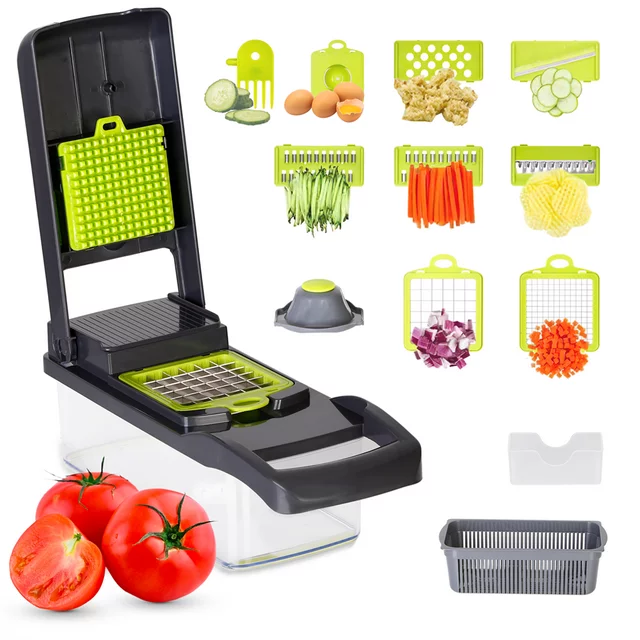 Vegetable Chopper, Multi-functional 12-in-1 Food Chopper Onion Chopper with Draining Basket, Veggie Chopper, Kitchen Vegetable Slicer Cutter Dicer, Onion Salad Chopper Potato Slicer with Container