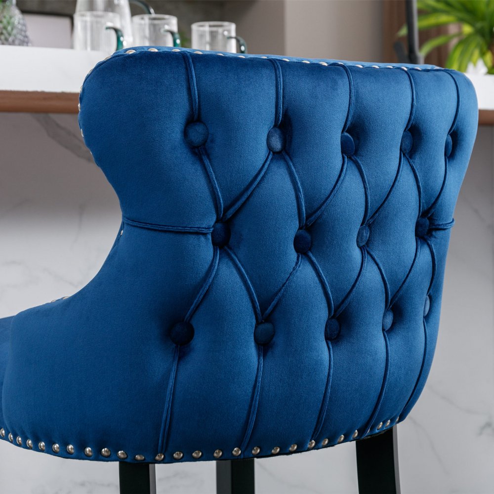 Velvet Bar Stools Set of 2,Upholstered Wingback Barstools with Nailhead Trim,Footrest and Solid Wood Legs,Leisure Bar Chairs with Nailhead Trim,Button Tufted Counter Height Chairs,Easy Assembly,Blue