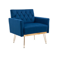 Velvet Single Sofa Chair, Mid-Century Button Tufted Upholstered Accent Living Room Chair with Golden Metal Legs, Comfy Armchair Leisure Lounge Chair with Wide Backrest and Armrest for Bedroom, Navy