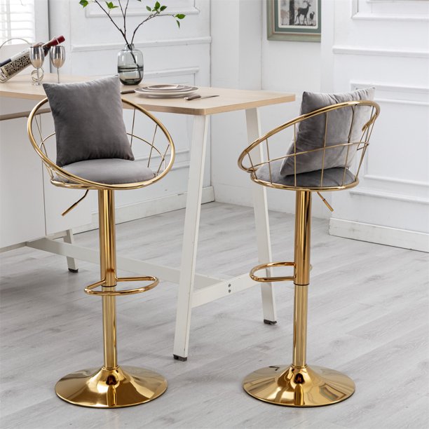 Velvet Bar Stools Set of 2,Swivel Barstool with Gold Base & Footrest,Height Adjustable Bar Chair,Upholstered Counter Height Dining Chair,Kitchen Island Chair for Living Room Pub Office,Grey