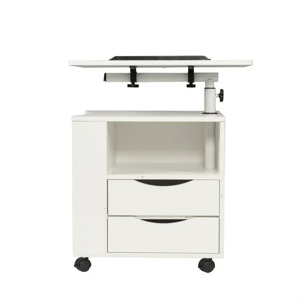 Upgraded Wooden Nightstand with Swivel Top, Height Adjustable Overbed End Table with Storage Drawers, Wheels and Open Shelf, Multifunctional Bedside Table Laptop Cart with Wheels, White