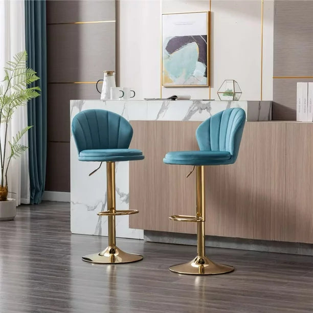 Velvet Swivel Bar Stools Set of 2, Modern Height Adjustable Stool Chair with with Chrome Footrest and Base, Mechanical Lifting, Counter Height Bar Chairs with Low Back,Simple Dining Chairs,Baby Blue