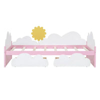 Girls Twin Size Bed with Clouds and Sunflower Decor, Solid Wood Platform Bed Frame with 2 Drawers, Twin Bed Frame with Sturdy Slats Support for Kids Bedroom, No Box Spring Needed, Space-Saving Design